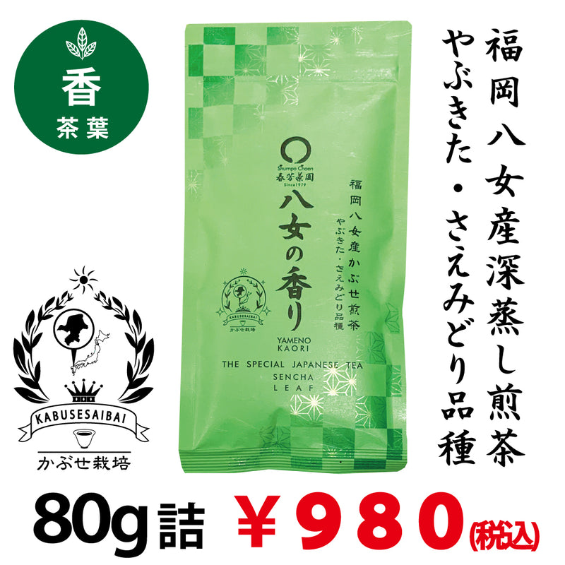 【福岡八女産やぶきた＆さえみどり品種】 特製深蒸しかぶせ緑茶「八女の香り」80g詰※ネコポス便4本まで